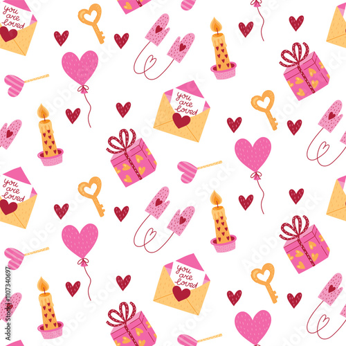 Romantic Saint Valentines Day symbols colorful cute seamless vector pattern