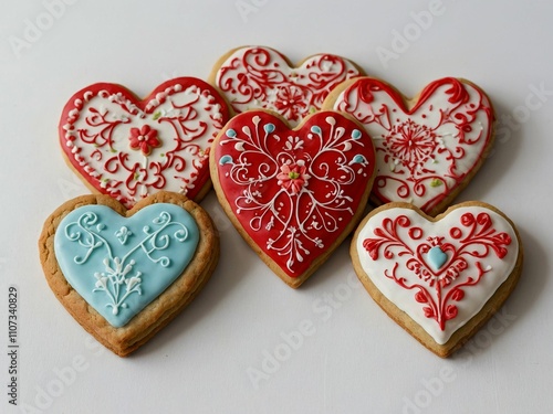 gingerbread cookies decorated with sweet icing with patterns in the form of hearts for Valentine's Day gift for lovers on a white background