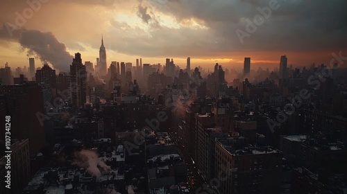 City skyline under an overcast sky Thick clouds reflect the faint orange light of the setting sun background wallpaper AI generated image