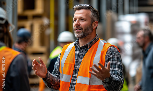 A photograph of an American man in his late thirties, wearing construction safety gear and speaking to people at the entrance area of the warehouse during a meeting with them. He i