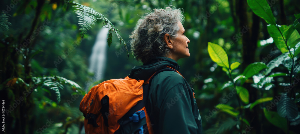 Fototapeta premium Senior woman hiking through lush rainforest, enjoying nature