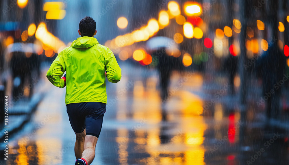 Fototapeta premium Runner in bright jacket jogging through rainy city streets