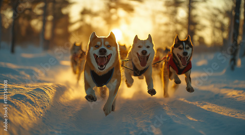 Distant view, a team of cheerful dogs running on the snow with their mouths open and tongues hanging out, appearing 