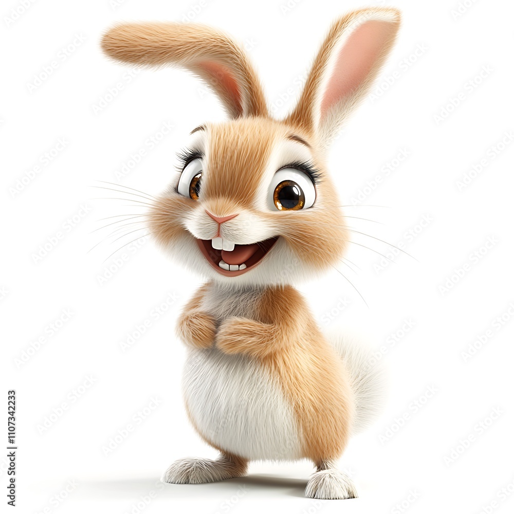 Fototapeta premium Charming 3D Rabbit, Lively Cartoon Rabbit on White Background
