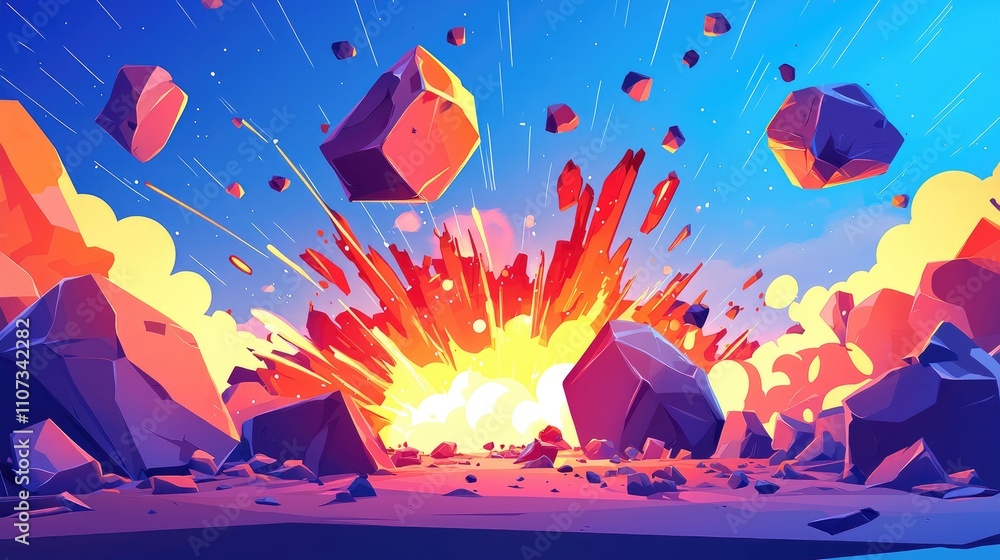 A bright explosion with falling rocks in a cartoon style