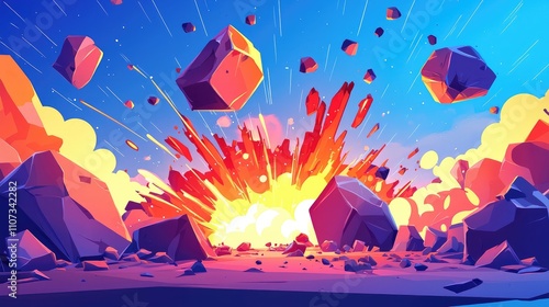 Obraz na płótnie A bright explosion with falling rocks in a cartoon style w salonie