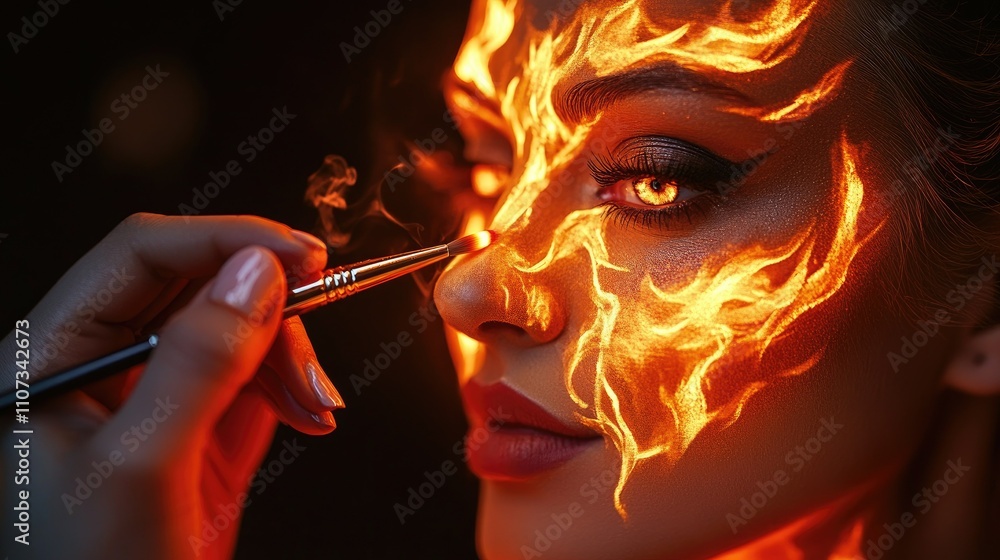 Obraz premium A creative moment where an artist paints vivid flames on a woman's face for a photoshoot.