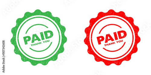 Paid red ink green ink rubber stamp seal with thank you note sign symbol badge grunge effect accepted approved paid tag vignette