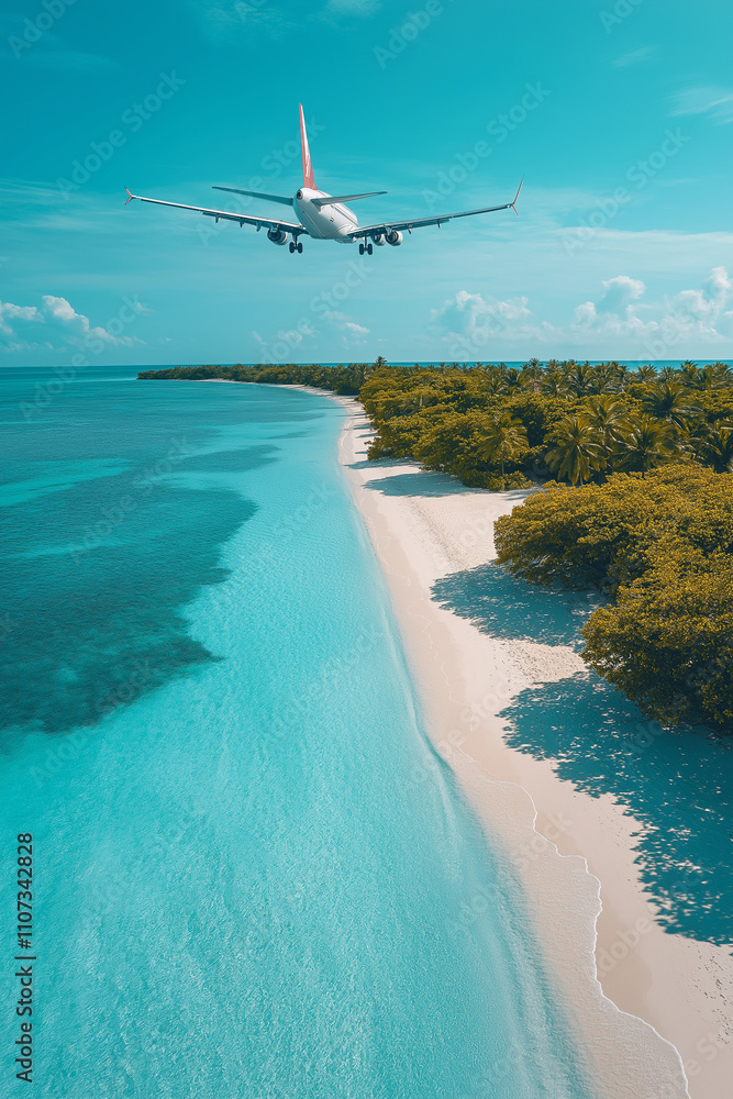 Naklejka premium birds eye view view through commercial aircraft passenger vertical window, tropical beach far down below, clear blue sky. 