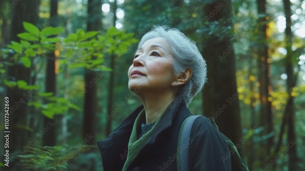 Exploration in Serene Forest: Mature Woman Hiking in Nature. Generative ai Exploration in Serene Forest: Mature Woman Hiking in Nature. Generative ai
