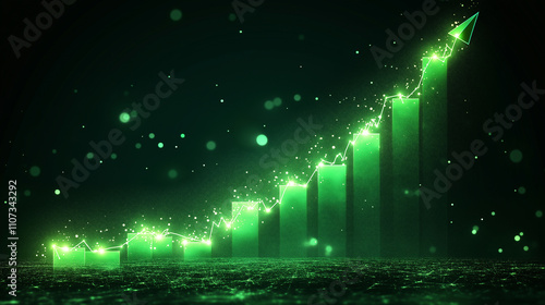 A green stock market graph is going up on a dark background, with glowing light effects, in high resolution.