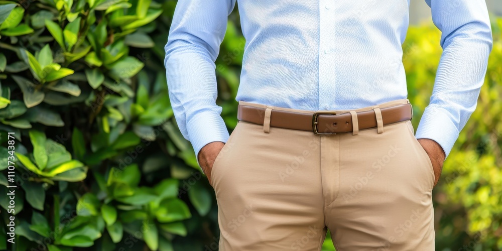 Neutral business casual attire for professionals. A man in a light blue button-up shirt and beige pants stands with hands in pockets, surrounded by lush green foliage.