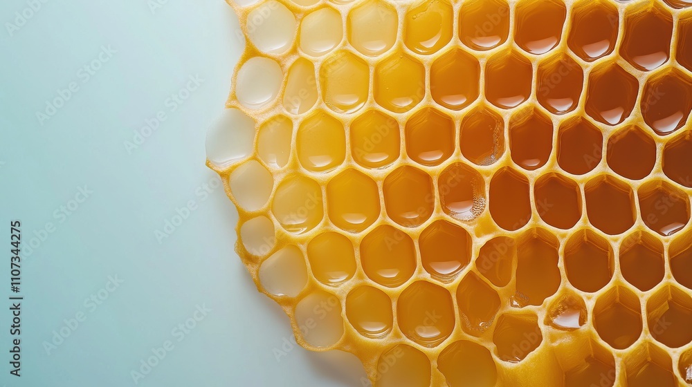 Close-up view of a honeycomb filled with golden honey on a light background, showcasing hexagonal cells and the natural texture of the honeycomb. Close-up view of a honeycomb filled with golden honey on a light background, showcasing hexagonal cells and the natural texture of the honeycomb.