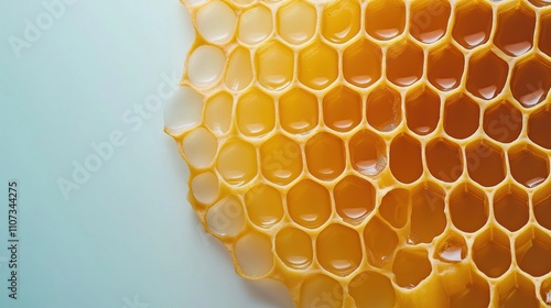 Close-up view of a honeycomb filled with golden honey on a light background, showcasing hexagonal cells and the natural texture of the honeycomb.