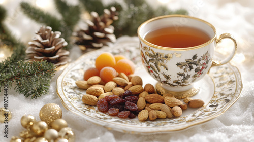 A cozy holiday scene with dry fruits on a porcelain plate, spiced tea in a vintage cup, pinecones, holly leaves, faux snow, and warm light, creating a festive, relaxing atmosphere.