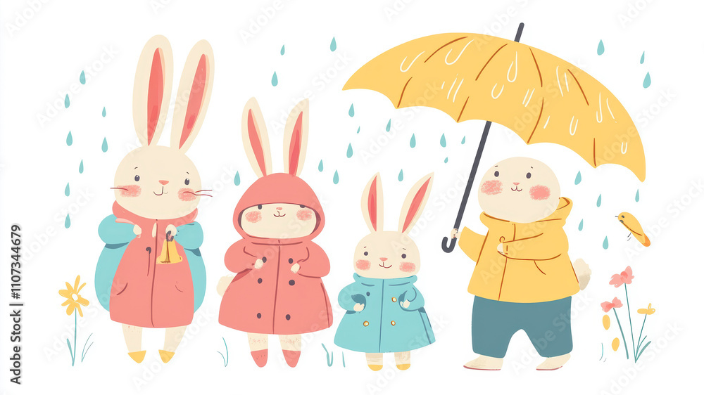 Fototapeta premium Cute Bunny Family Enjoys a Rainy Day With Colorful Umbrellas and Joyful Expressions