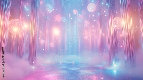 retro carnival style 2025 display, ethereal light points, pastel color symphony, dancing light bubbles, foggy dreamscape background, nostalgic celebration theme, atmospheric lighting photo