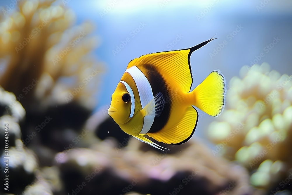 Naklejka premium Clownfish swimming in a vibrant coral reef aquarium