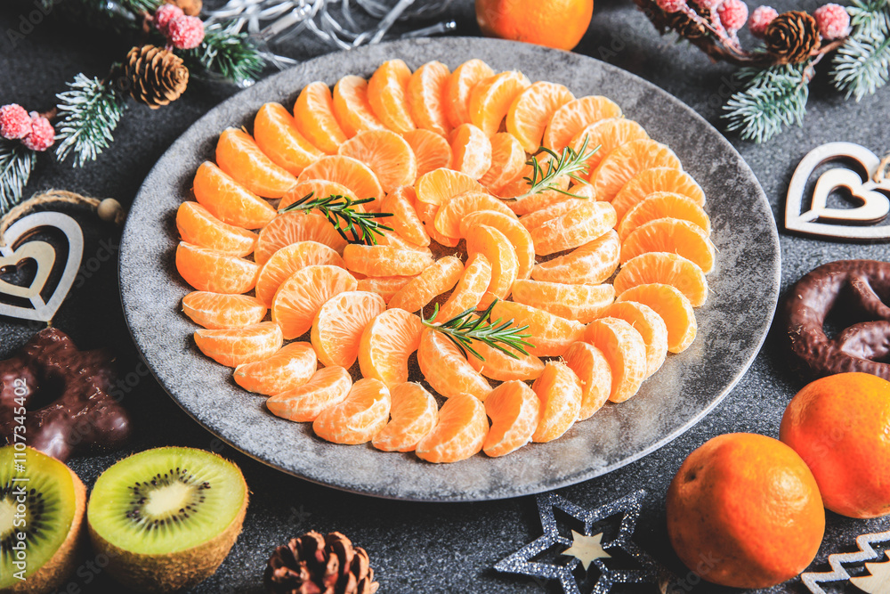 plate of clementine wedges arranged in a circle with christmas decoration