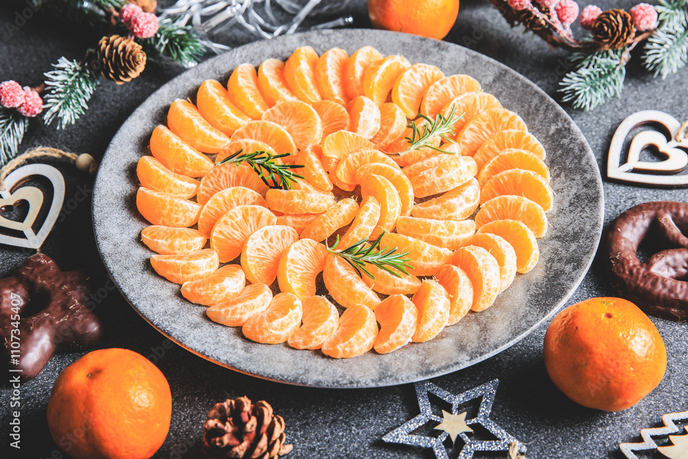 plate of clementine wedges arranged in a circle with christmas decoration
