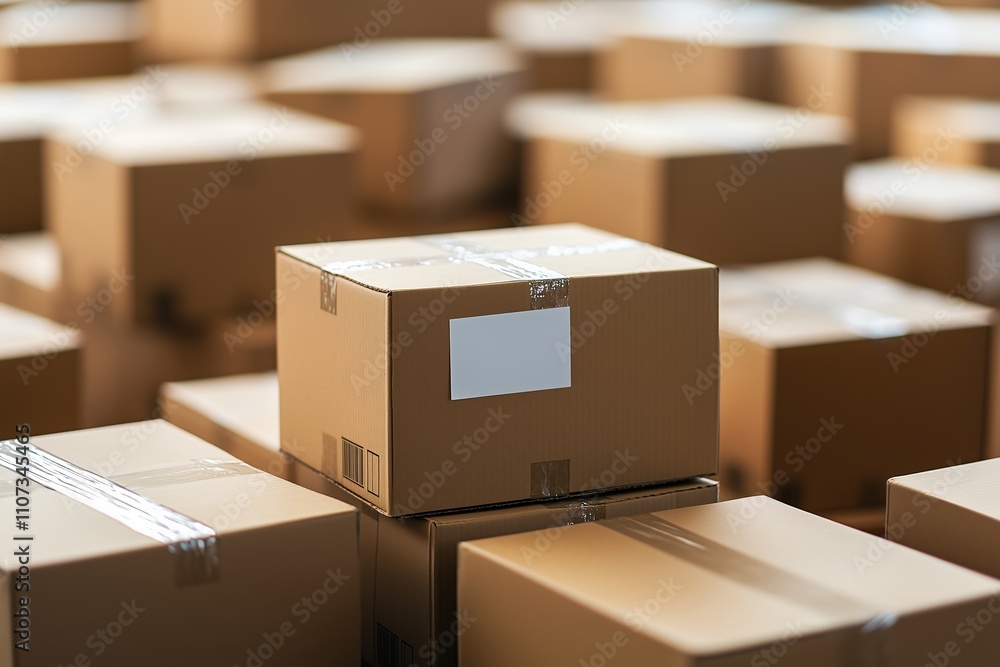Fototapeta premium Cardboard boxes in warehouse with soft focus background