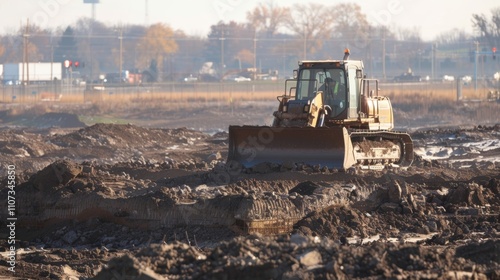 A remotecontrolled bulldozer steadily clears the construction site pushing mounds of dirt and debris to the side. photo