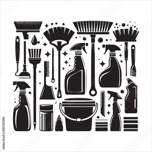 Cleaning tools silhouette vector. House cleaning icons. House cleaning silhouette illustration