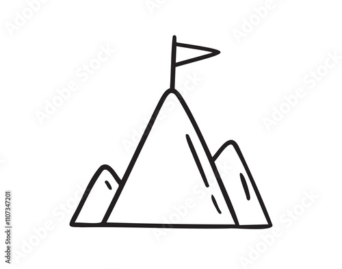 Flag on top of mountain, mission concept doodle hand drawn icon. Outline drawing flag on top of mountain line clipart symbol