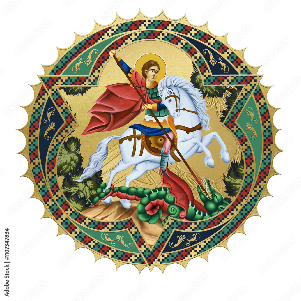 Fototapeta premium Saint George. Religious decorative sun- dome. Illustration in Byzantine style isolated