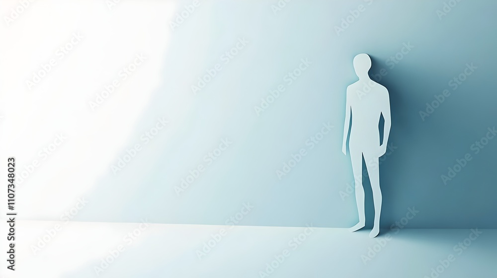 Obraz premium Paper cut out of person standing on light blue background. Papercut human man evolution illustration concept. 3d poster with origami male and female figure silhouette illustration