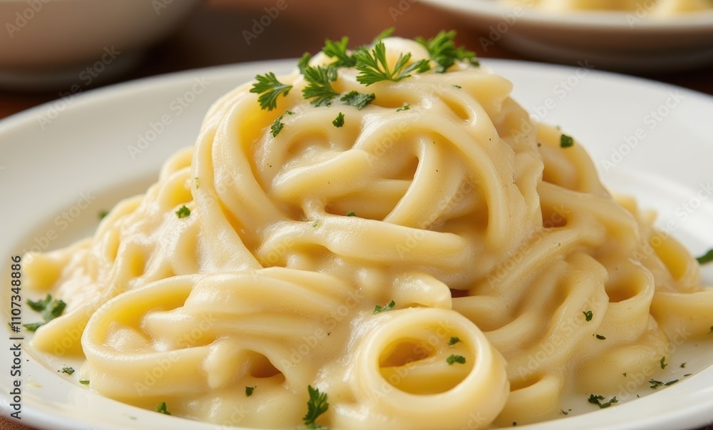Creamy fettuccine pasta garnished with parsley Creamy fettuccine pasta garnished with parsley