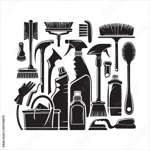 Cleaning tools silhouette vector. House cleaning icons. House cleaning silhouette illustration