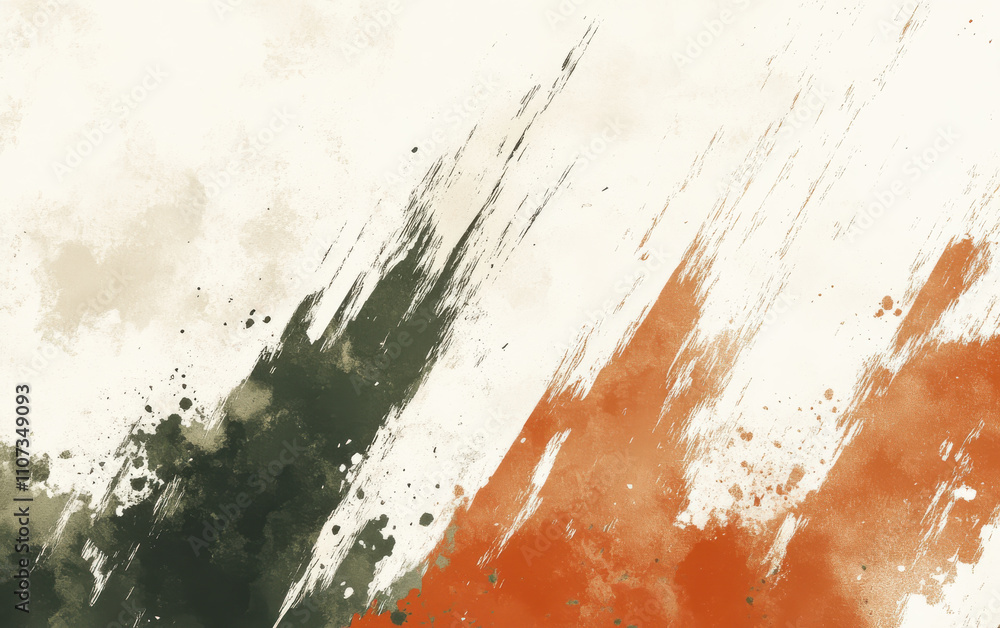 Fototapeta premium Abstract watercolor art with dynamic brush strokes in earthy tones, featuring splashes of green and orange on textured background. composition evokes sense of movement and creativity