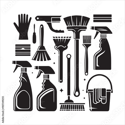 Cleaning tools silhouette vector. House cleaning icons. House cleaning silhouette illustration