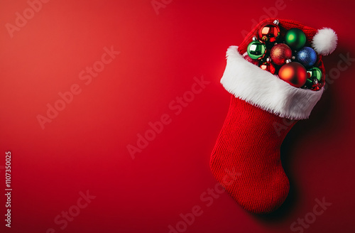 Holiday stocking filled with colorful ornaments on a vibrant red background photo