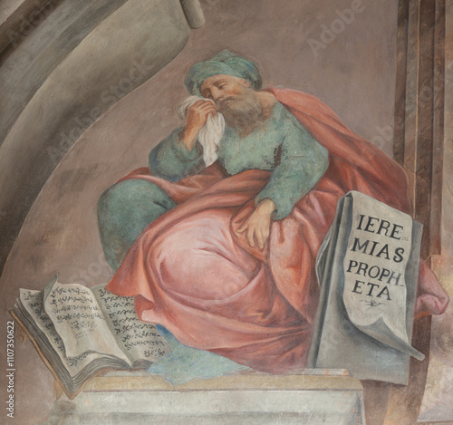 ASTI, ITALY - SEPTEMBER 10, 2024: The fresco of prophet Jeremiah in the church Chiesa di San Martino probably by Giovanni Carlo Aliberti (1720).