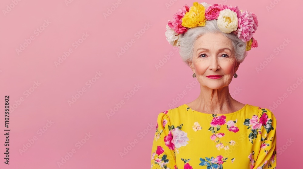 Fototapeta premium A poised older woman with silver hair, floral yellow dress, and flower headpiece smiles confidently against a soft pink background. Concept: feminine grace.