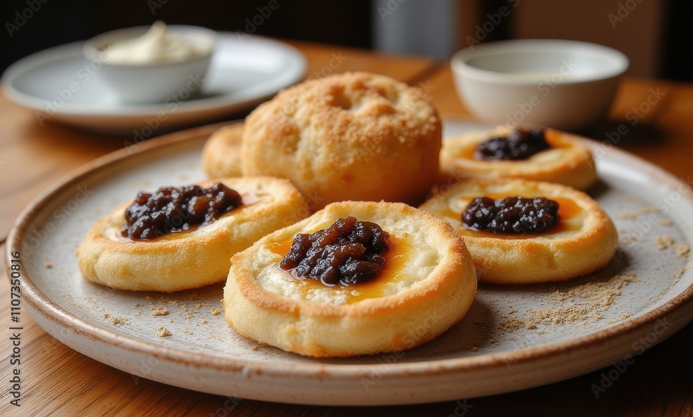 Delicious pastries with sweet toppings Delicious pastries with sweet toppings