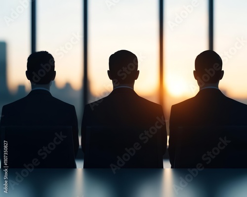 Corporate sustainability reporting. Three silhouetted figures in suits watching a sunset through large windows.