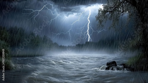 Dramatic stormy weather over a river. photo