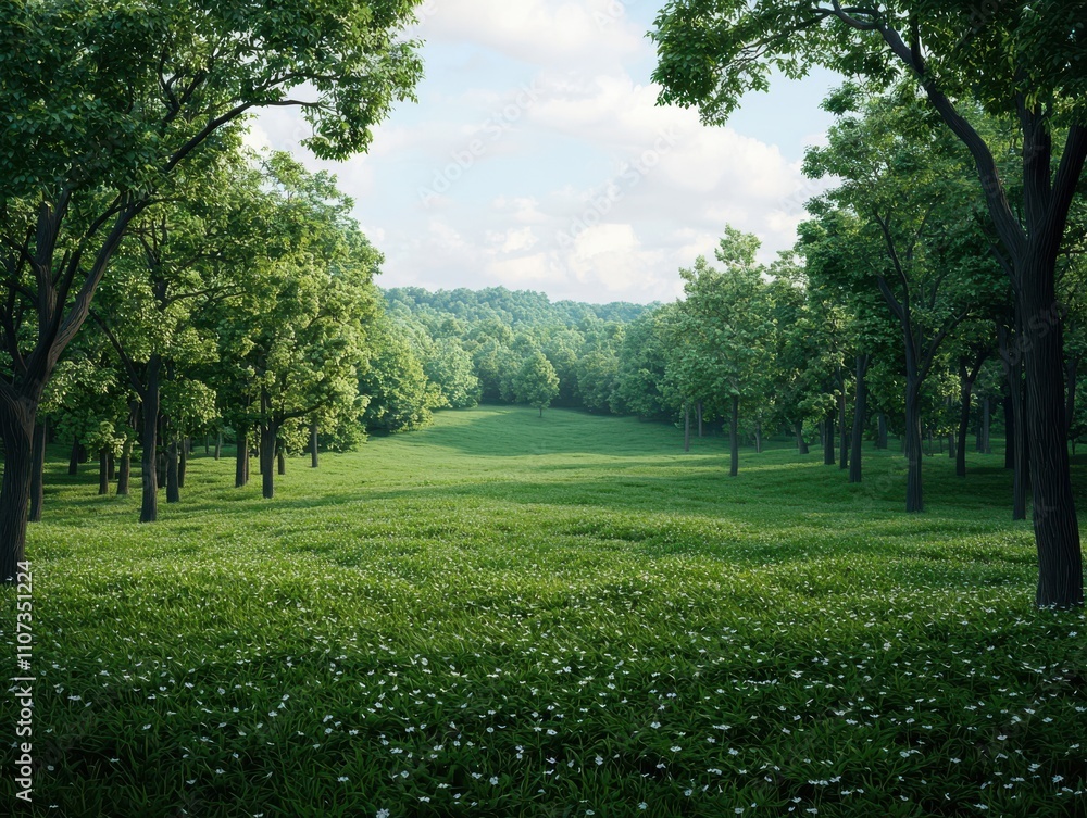 Fototapeta premium Lush Green Landscape with Trees under a Bright Blue Sky in Nature