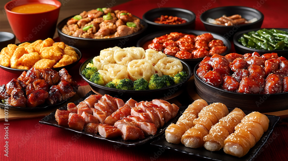 Set of a variety of traditional Chinese New Year food on the red table. Generative AI. Set of a variety of traditional Chinese New Year food on the red table. Generative AI.
