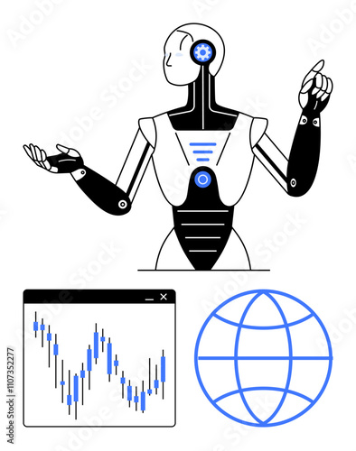 Futuristic robot gesturing, accompanied by a financial data chart and a globe. Ideal for AI technology, data analysis, automation, global connectivity, innovation, futuristic themes, technological