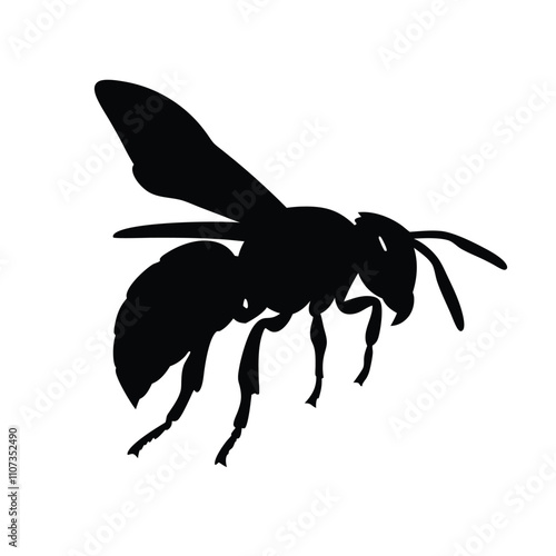 A black and white drawing of a bee. The bee is flying in the air. The drawing is of a silhouette