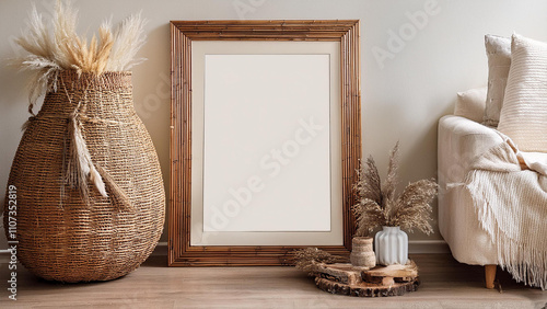 Mockup frame, quadros fineart, modelos para apresentação de quadros fineart. Minimalista estilo boho chic. Cores terrosas, tons terrosos. Clássico. photo