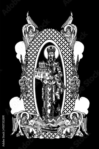 Saint Stefan Milutin. Illustration with angels and seraphim in heaven black and white in Byzantine style