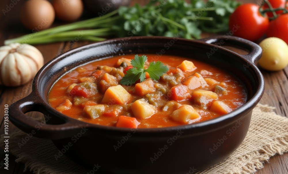 Colorful vegetable stew in a rustic pot Colorful vegetable stew in a rustic pot