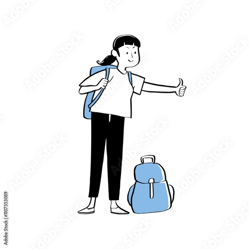 Hitching free ride. Travel tourist woman backpacking hitchhiking. Woman Waiting by the Road. Clean Notion Style Illustration