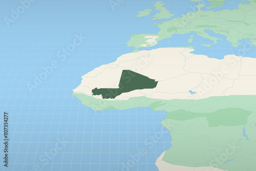 Mali highlighted on a detailed map, geographic location of Mali.