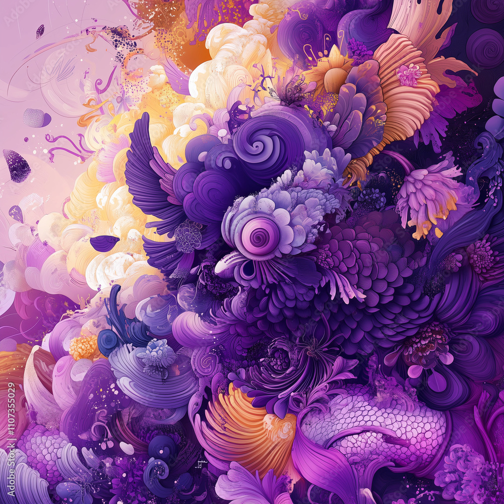 A beautiful painting of purple and yellow flowers on a pink background A beautiful painting of purple and yellow flowers on a pink background
